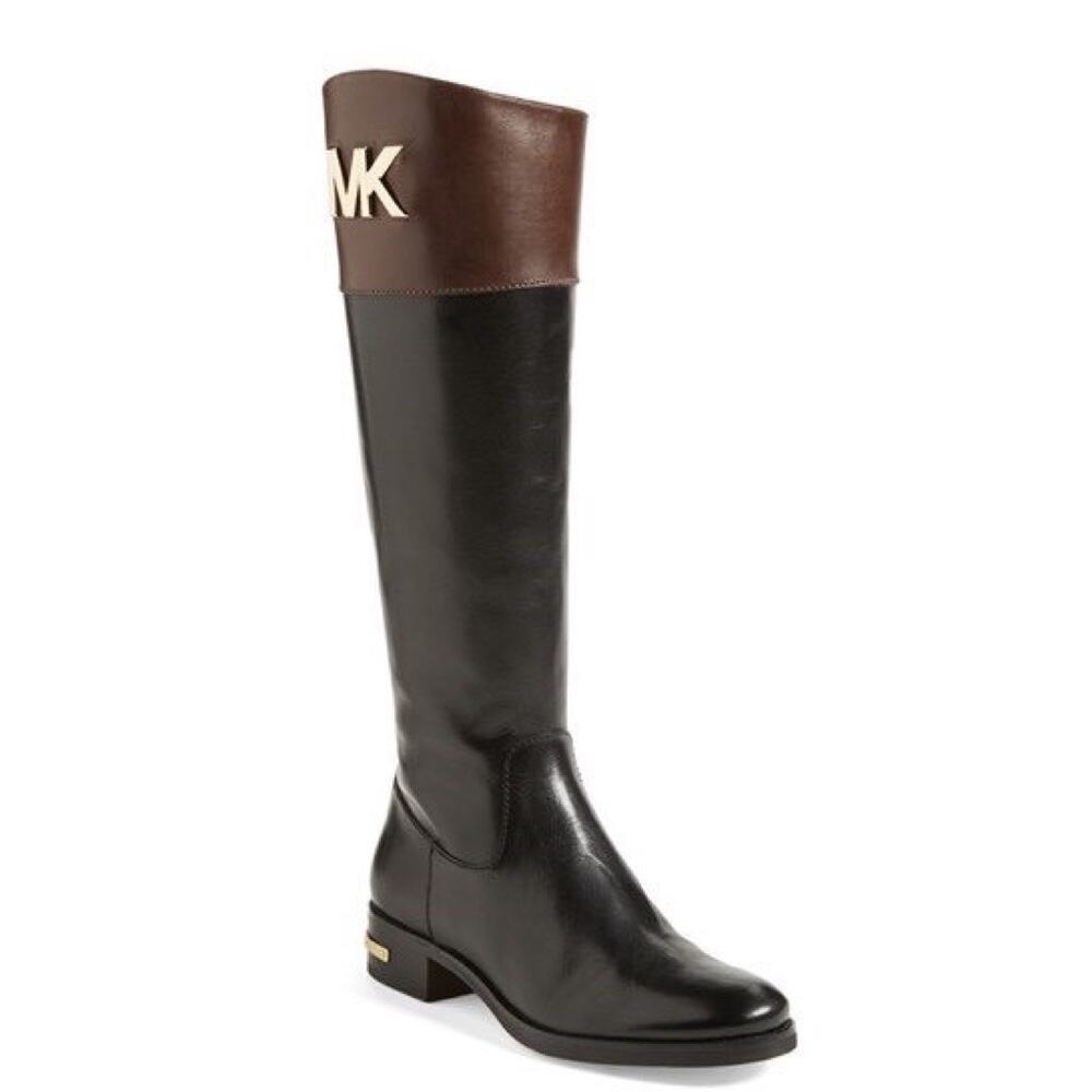 Michael Kors Hayley Riding Boots 7 M Black/Brown Leather Zip Up